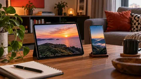 Tablet e celular com paisagens ao pôr do sol, com caderno e caneca sobre a mesa.