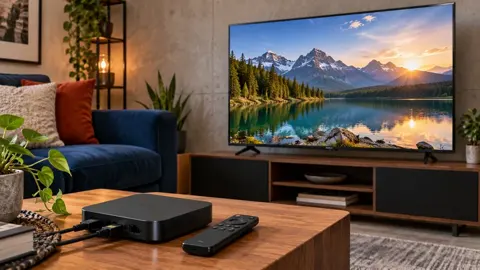Aparelho de reprodução com cabos e controle remoto sobre mesa, diante de televisão com montanhas ao entardecer.