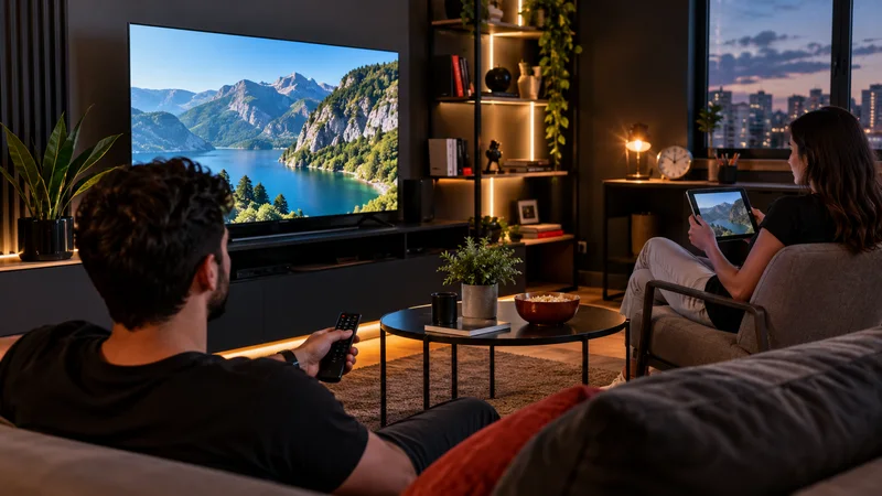 Duas pessoas no sofá diante de televisão com paisagem de montanhas e lago.