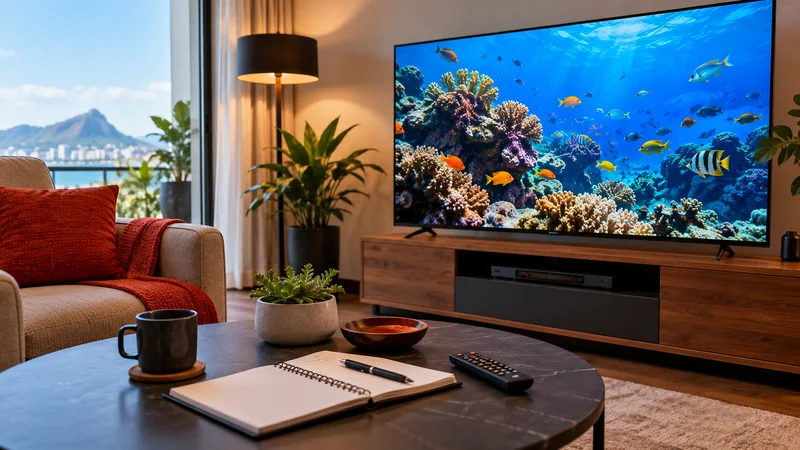 Televisão com cena submarina de corais e peixes, com caderno e controle na mesa.
