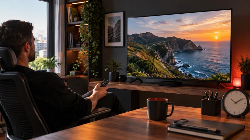 Pessoa no sofá com controle diante de televisão com paisagem costeira; relógio sobre o móvel.