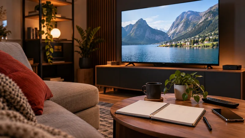 Televisão com lago e montanhas, caderno e celular sobre mesa de centro em sala clara.