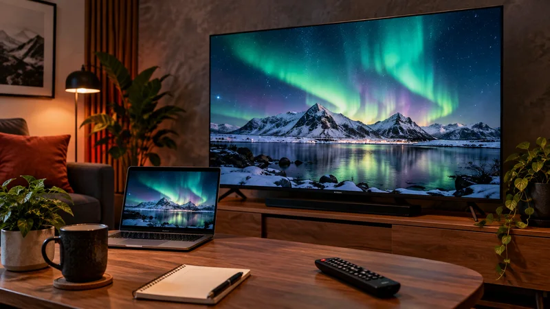 Televisão e notebook com aurora sobre montanhas, controle e caderno sobre a mesa.