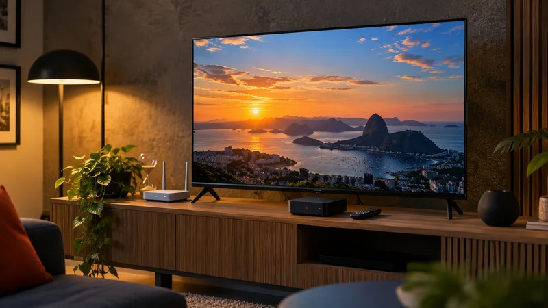 Televisão com paisagem costeira ao pôr do sol, aparelho de reprodução e controle sobre o móvel.