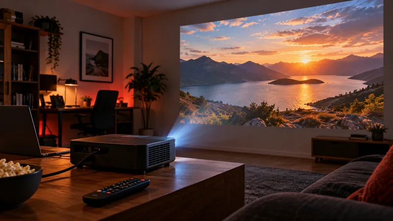 Projetor sobre mesa exibindo paisagem costeira ao pôr do sol na parede, com controle remoto ao lado.