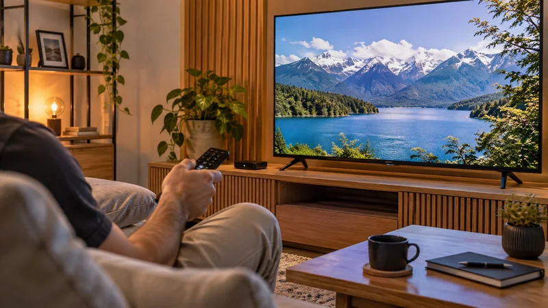Pessoa com controle remoto diante de televisão com montanhas e lago, em sala de estar.
