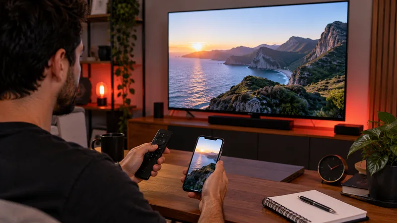 Pessoa com celular e controle remoto diante de televisão com paisagem costeira.